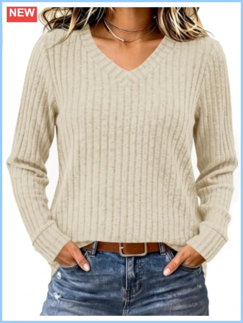 V-Neck Ribbed Long Sleeve Lightweight Sweater Tunic Top Women
